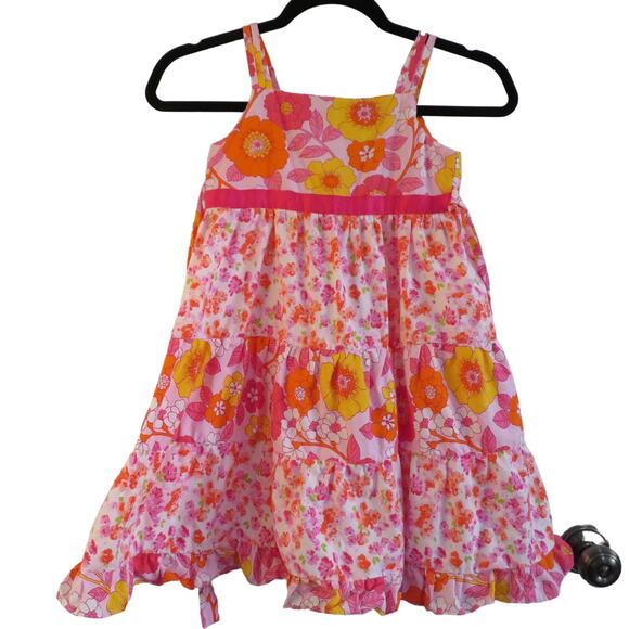 Jona Michelle Kids Sz 6 Pink Orange Yellow Floral Tiered Strappy Dress Summer - Picture 1 of 5